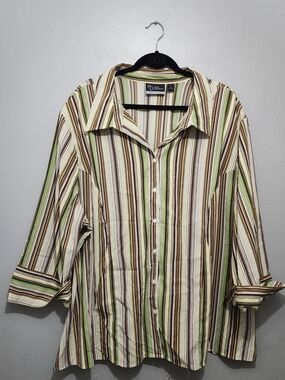 Catherines Green Brown Striped Button Up Shirt Size 4X